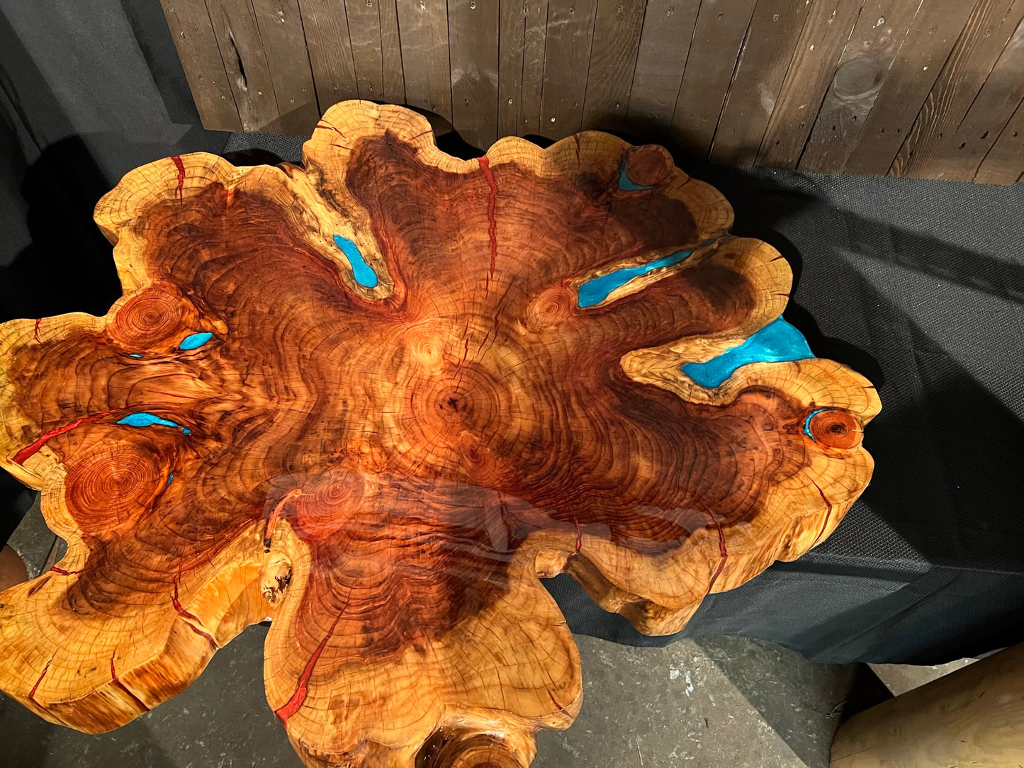 "One-of-a-kind" live edge table with a custom mount.